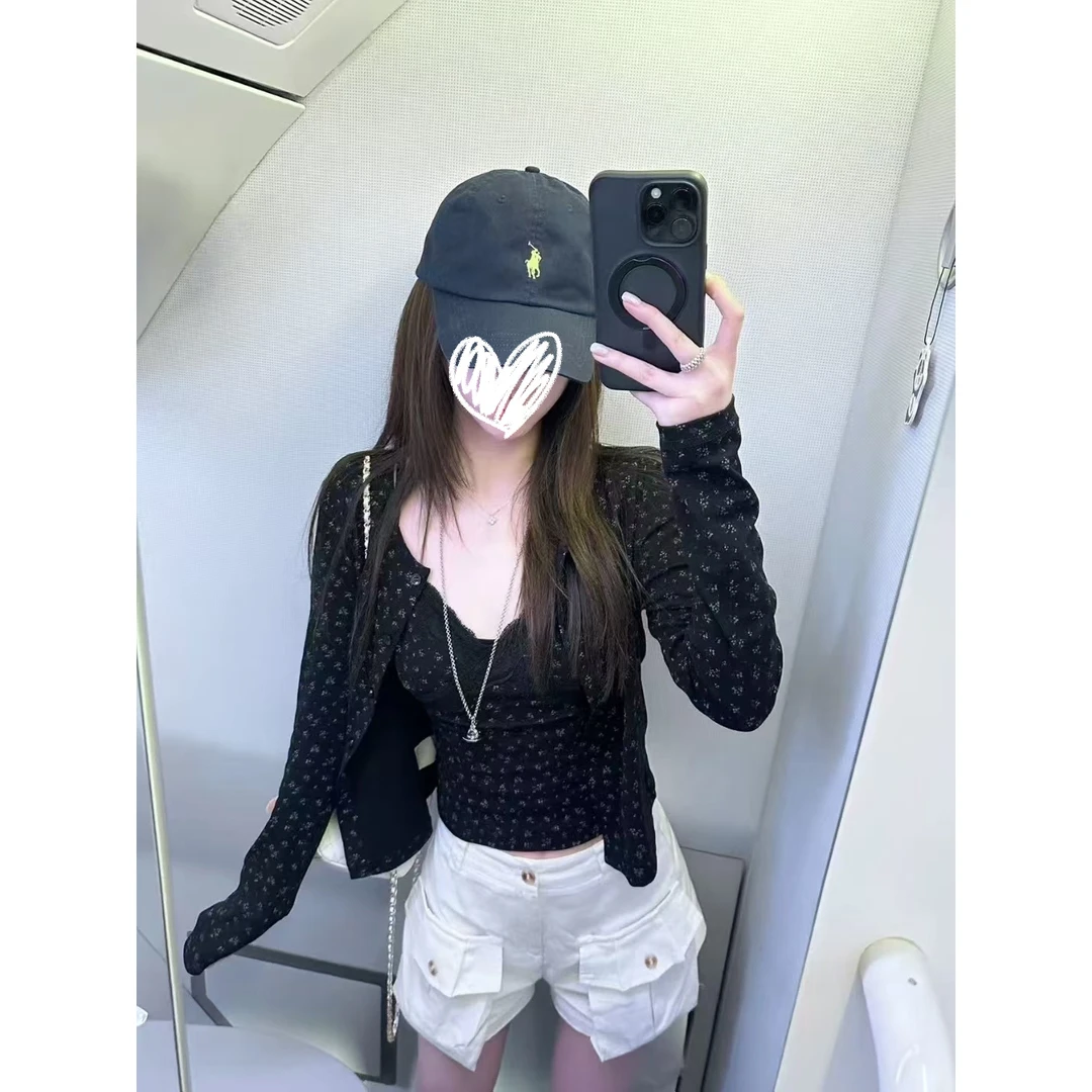 5195#少女蕾丝碎花吊带背心开衫外套两件套气质显瘦女上衣