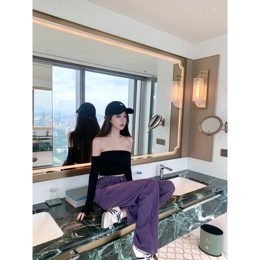 Chill巧儿【定染渐变】紫色多巴胺复古做旧水洗休闲阔腿牛仔长裤