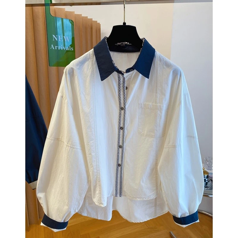 高级感翻领长袖衬衫女2025新款早秋宽松休闲百搭前短后长纯棉上衣