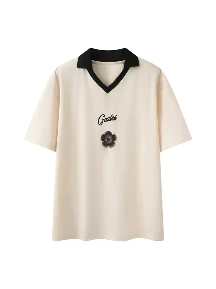 【Z072】字母花朵刺绣POLO领短袖T恤2025夏新休闲百搭显瘦上衣女