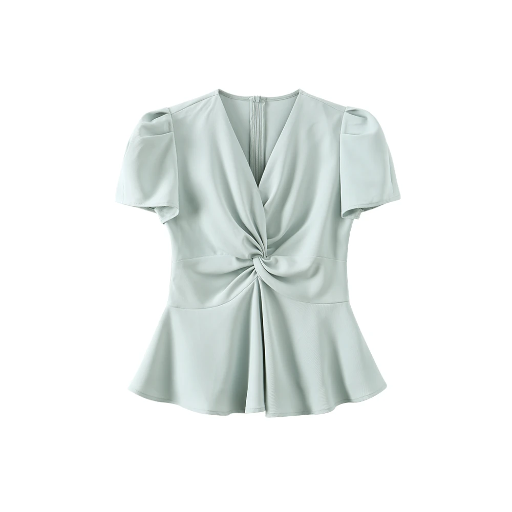 夏季时尚气质不规则V领纯色褶皱短袖衬衫-537B9223