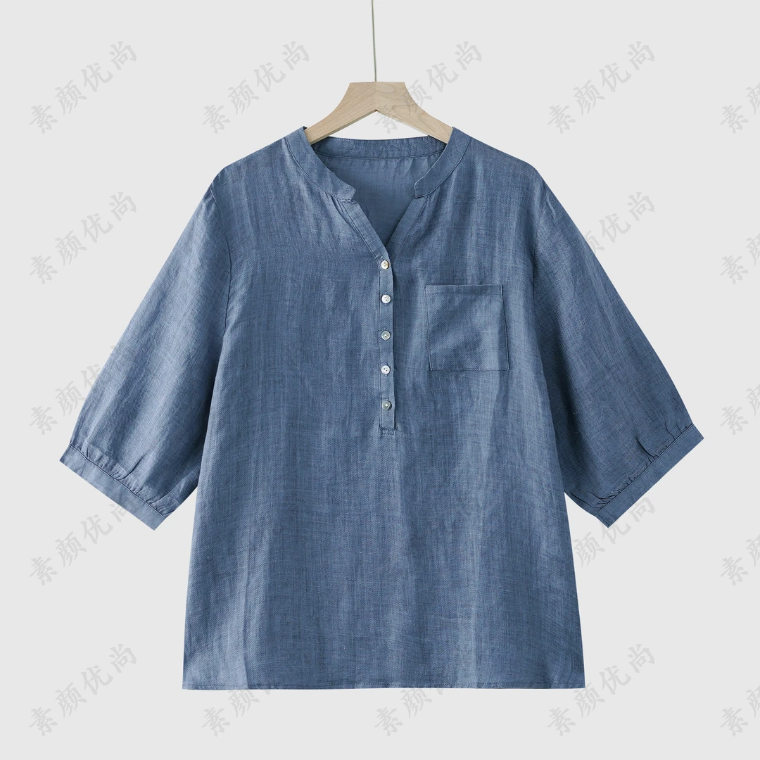 【素颜】2025春夏新款百搭斜纹色织麻V领上衣