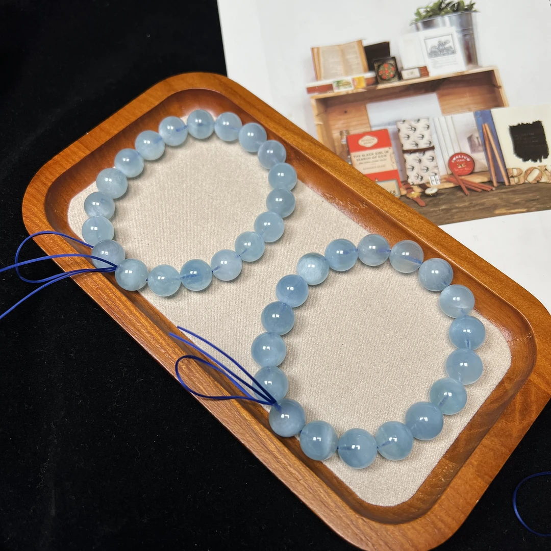 蓝天白云海蓝宝9-12m-柚子珠宝天然野石海蓝宝手串DIY