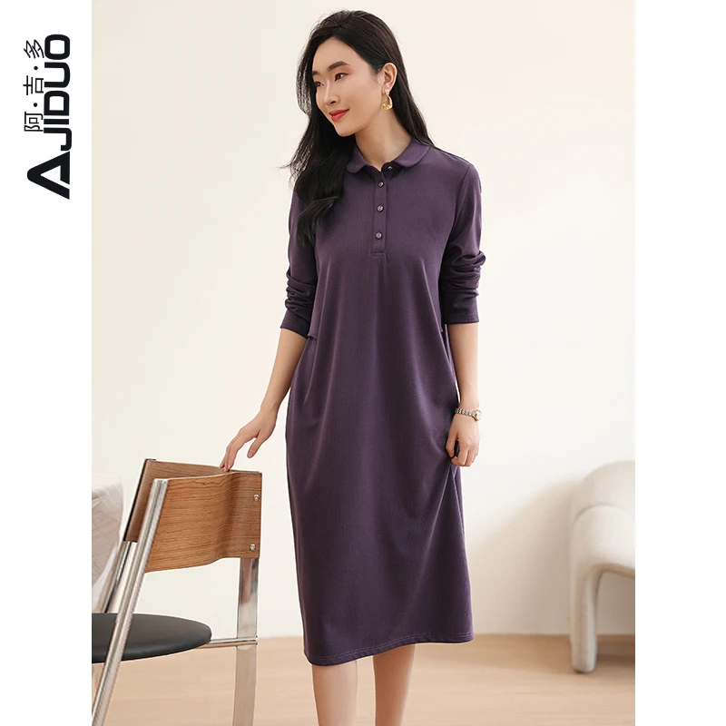 阿吉多2025春秋新款长袖连衣裙女休闲紫色POLO裙大码宽松减龄裙子
