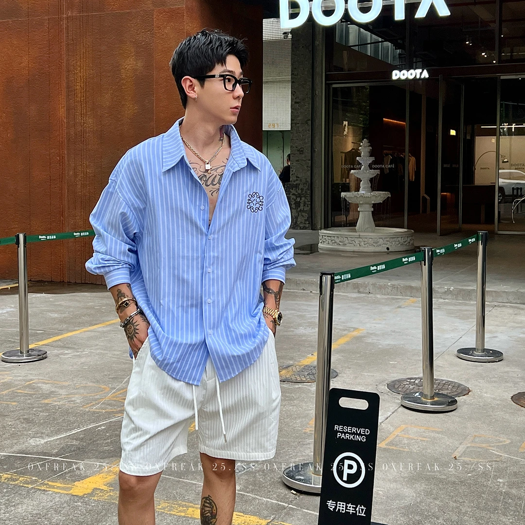OXFREAK「几何花型刺绣」蓝白条纹长袖衬衫男宽松高级感通勤衬衣