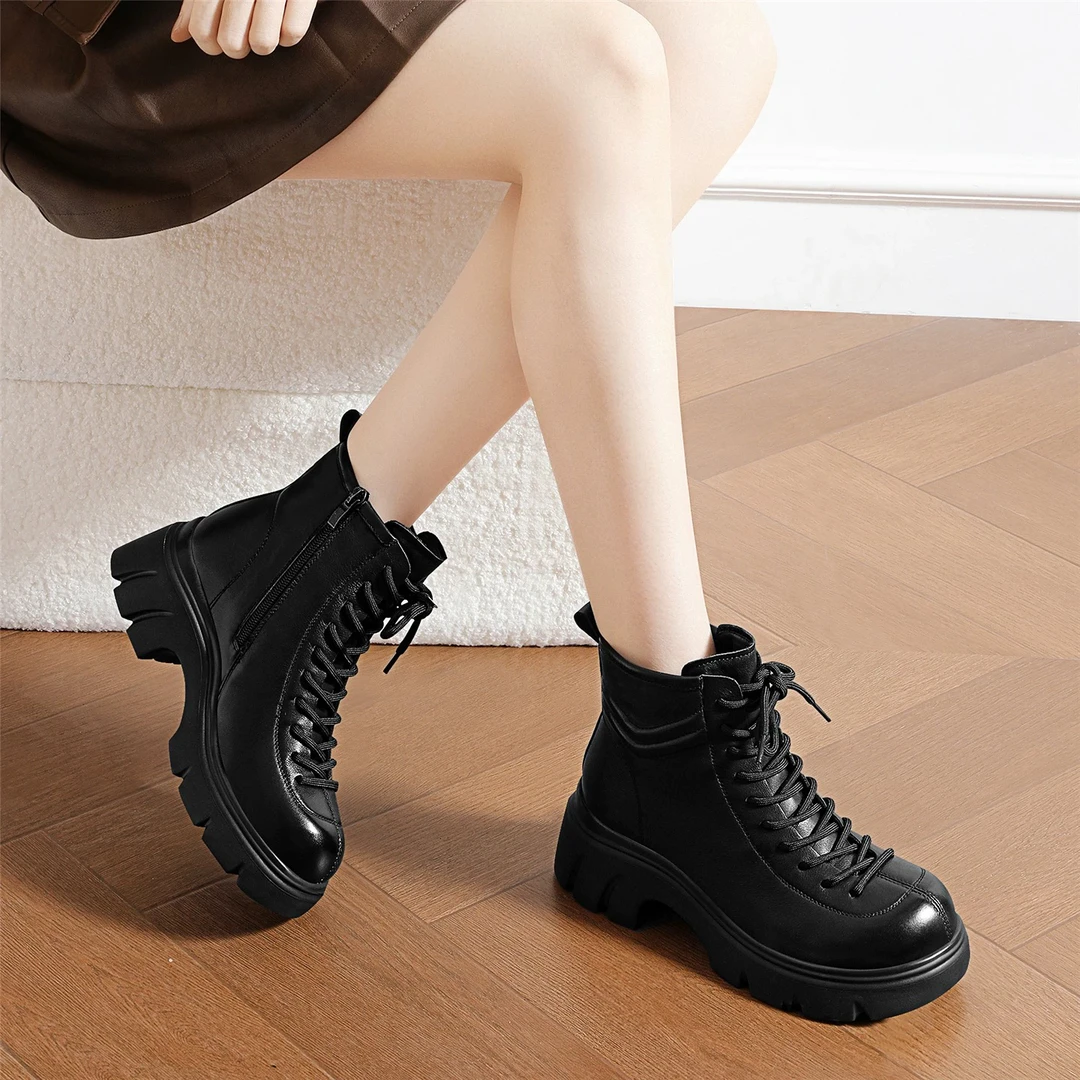 头层牛皮厚底马丁靴女时尚圆头羊毛保暖短靴英伦风百搭增高软底