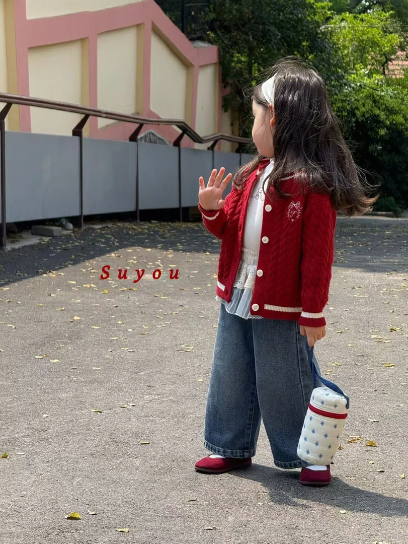 苏右2025秋季新款儿童麻花女童毛衣针织外套➕屁帘牛仔裤