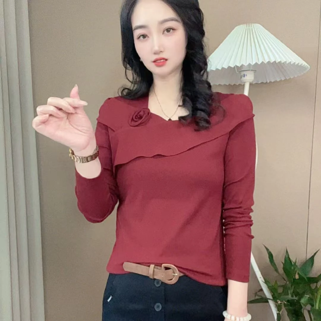 秋季新款时尚洋气减龄法式套头花边棉T恤显瘦百搭女式纯色上衣
