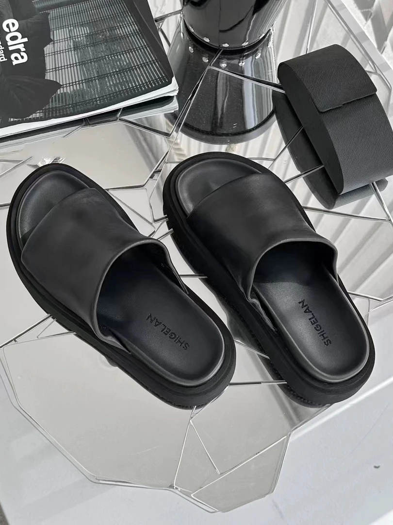 欧洲站2025新款一字拖鞋女夏外穿真皮增高厚底防滑软面休闲沙滩鞋