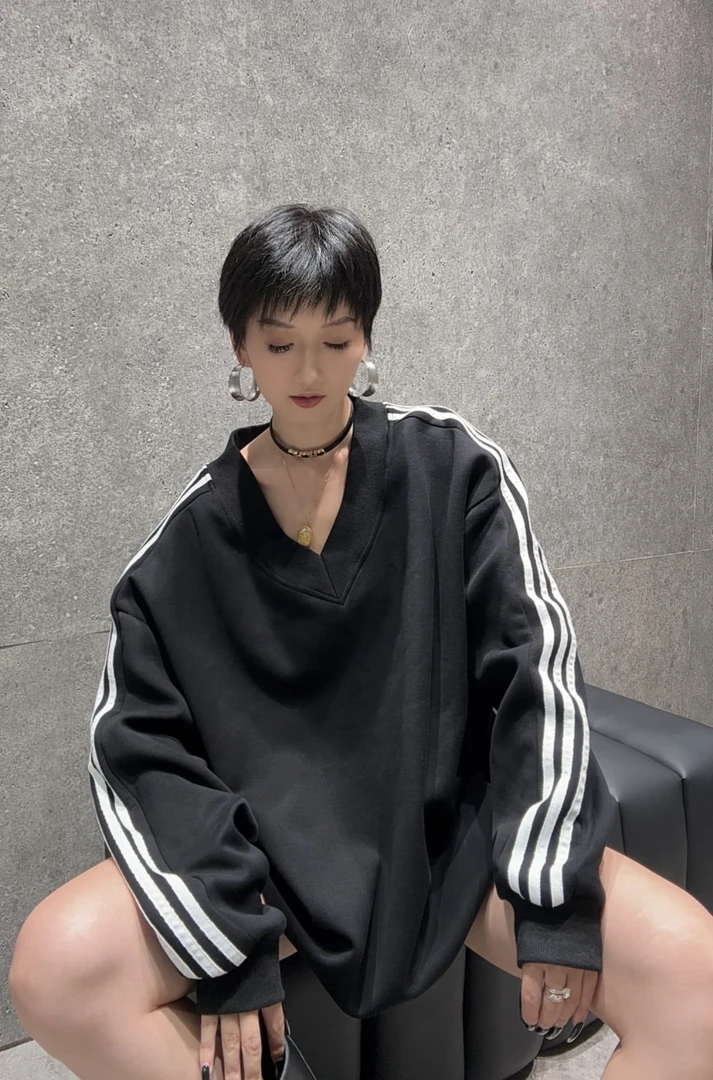 【织带v领】宽松休时尚大版oversize潮流百搭秋款卫衣韩版长袖秋季