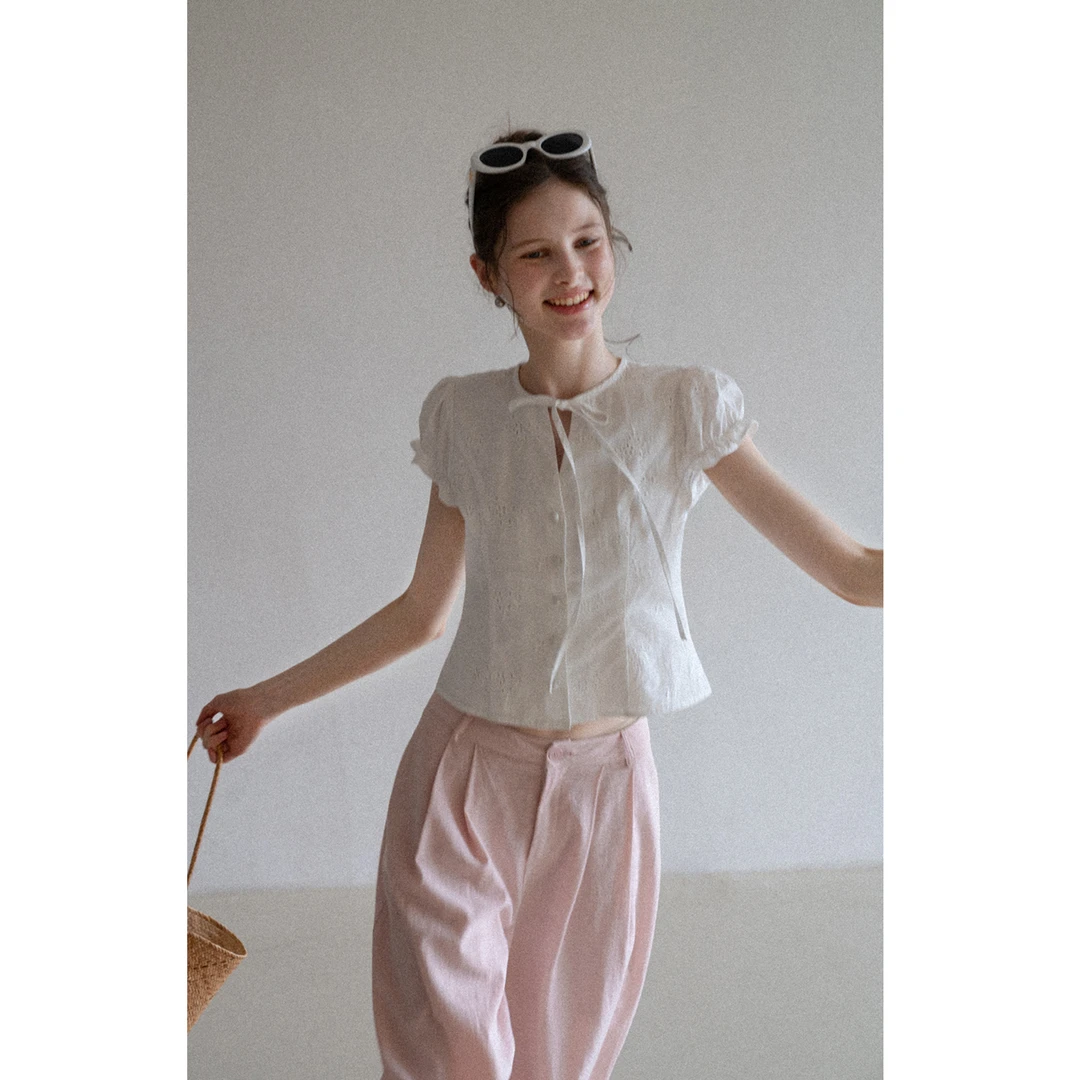 EGGKA【现现】法式刺绣重工衬衫夏季设计感圆领衬衣E25A6538YM