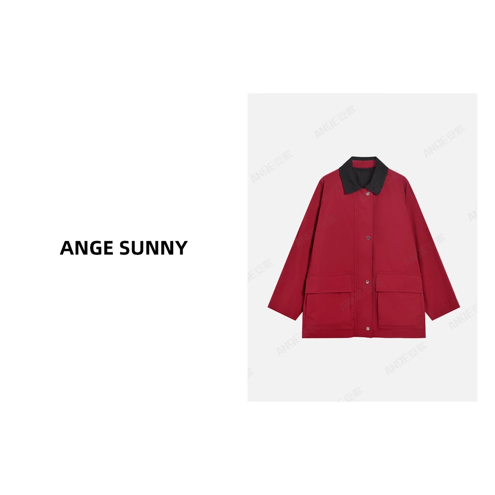 ANGE SUNNY【ROW红色工装外套】撞色领单排扣口袋上衣