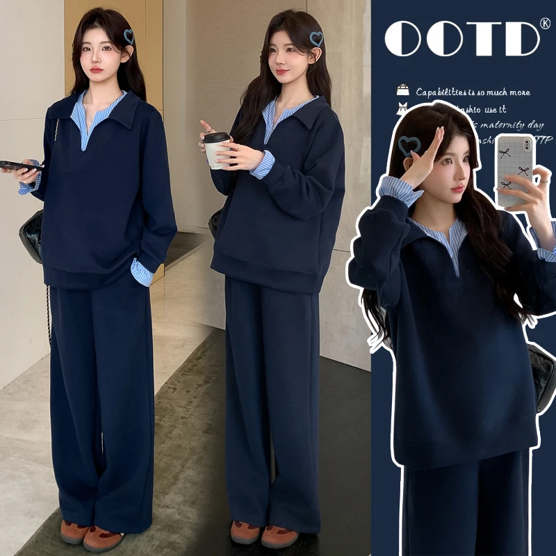 秋季孕妇装时髦洋气秋冬加厚拼接条纹上衣+裤子两件套孕期穿搭