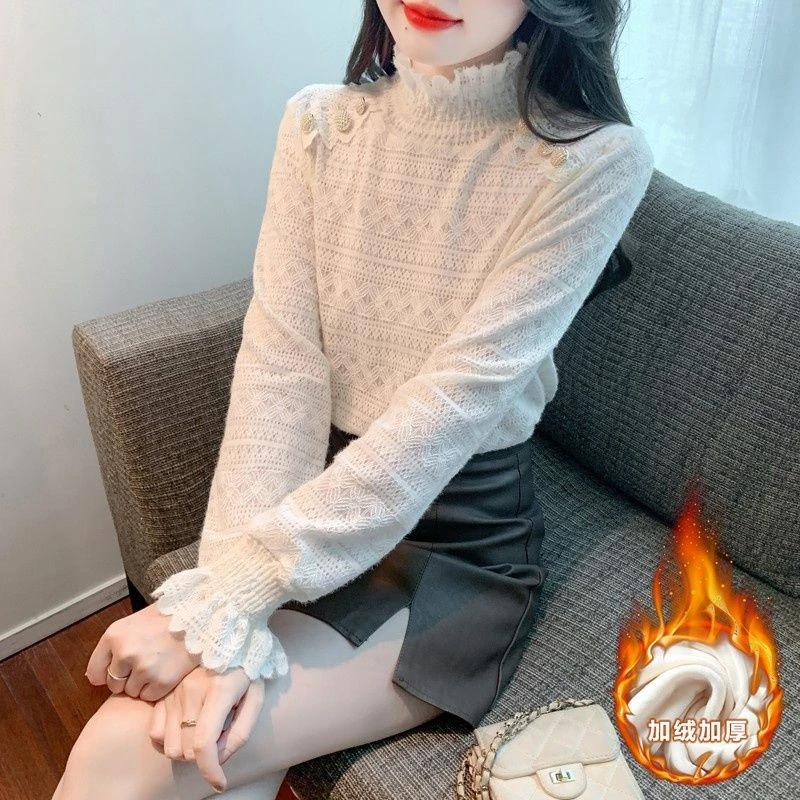 半高领加绒加厚秋冬新款蕾丝打底衫纯色长袖上衣内搭保暖蕾丝衫