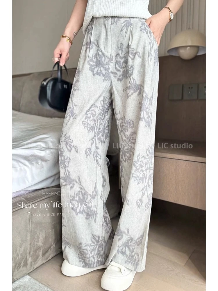 韩版设计感印花直筒裤阔腿裤女2025新款夏季宽松显瘦百搭休闲裤子