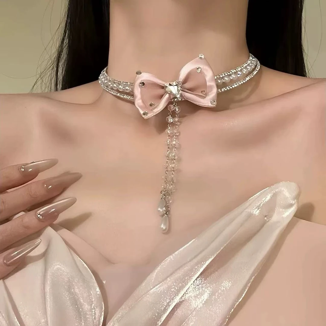 铜合金项链 甜美气质闪钻粉色蝴蝶结项链女法式设计感choker颈链