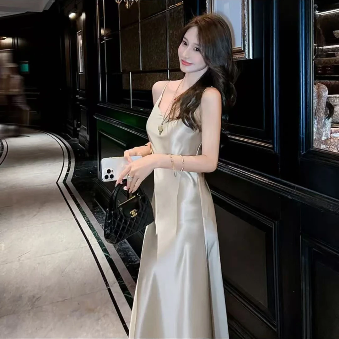 ChuYu_01#高端缎面进口醋酸显瘦气质轻奢吊带长裙