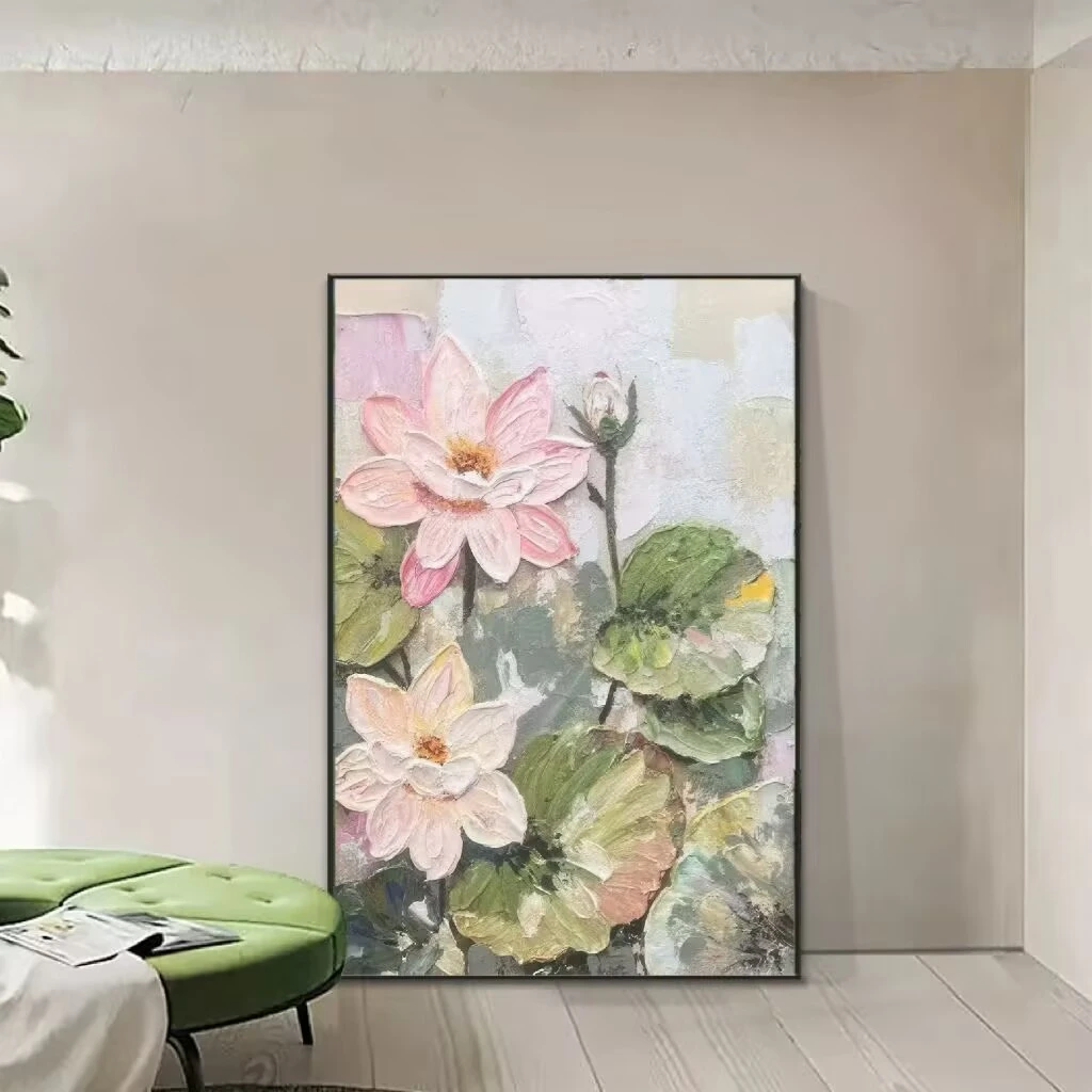 Y26抽象艺术荷花肌理手绘油画奶油风玄关装饰画好运连连客厅挂画