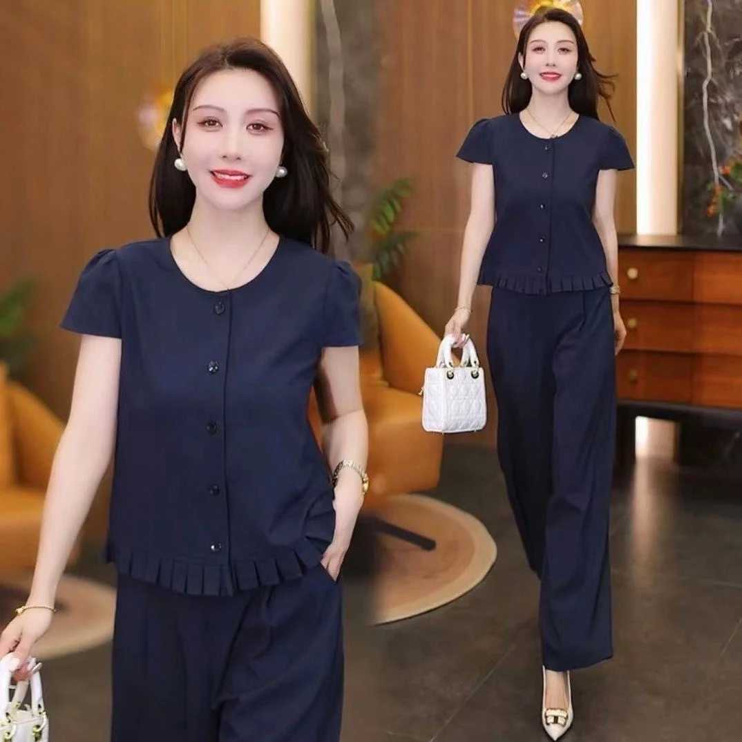 时尚气质套装女2025夏季新款木耳边上衣洋气显瘦阔腿裤两件套装