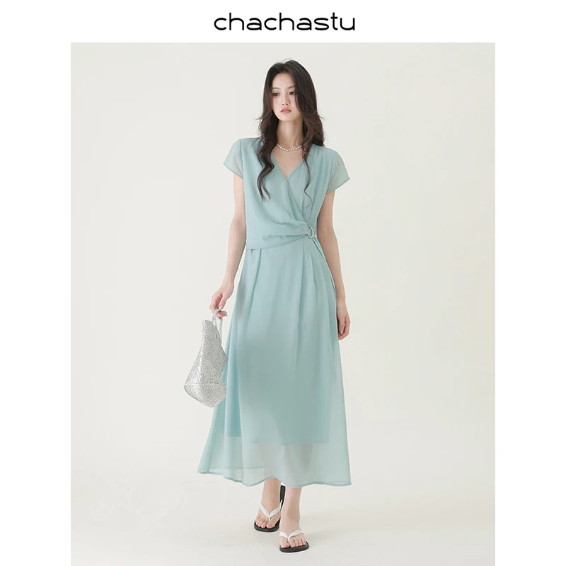 CHACHASTU法式小优雅斜襟打褶金属D扣绑带肌理连衣裙ZRS1561