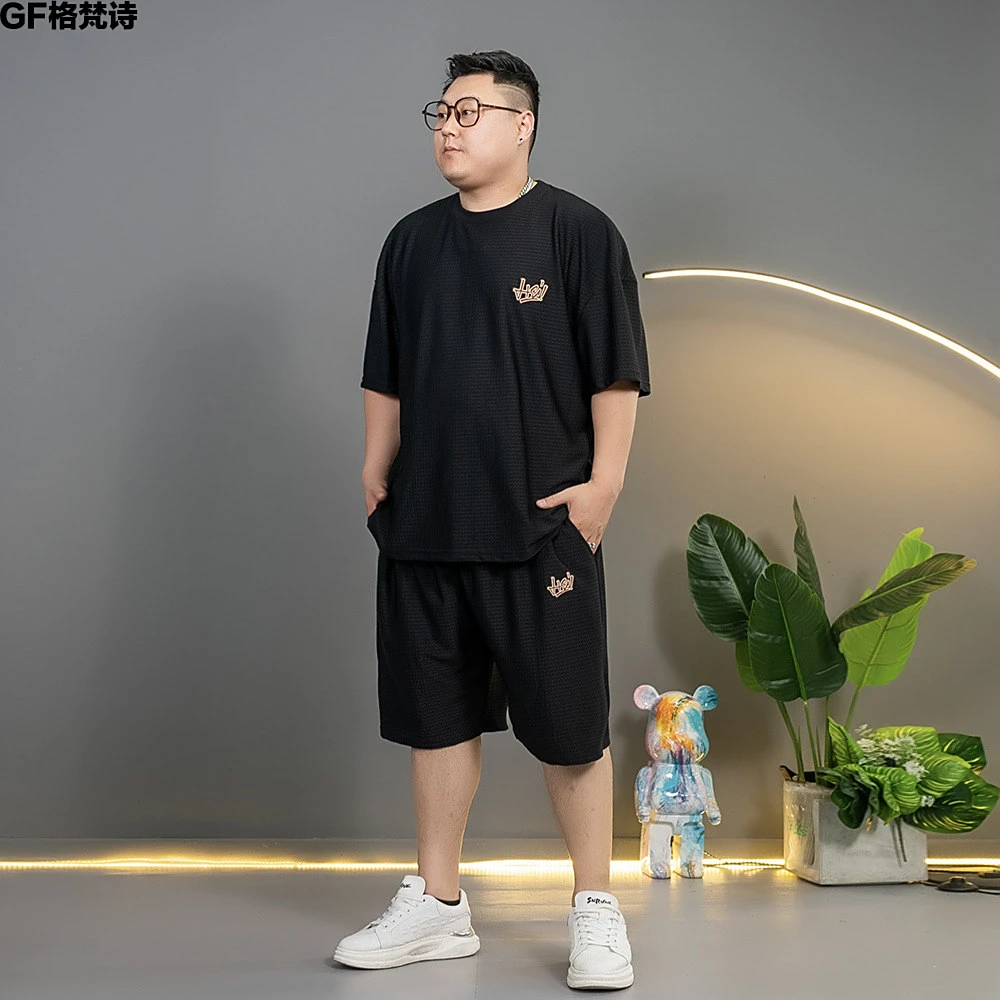 【冰丝短袖】夏季高弹薄款套装T恤大码男加肥加大宽松上衣