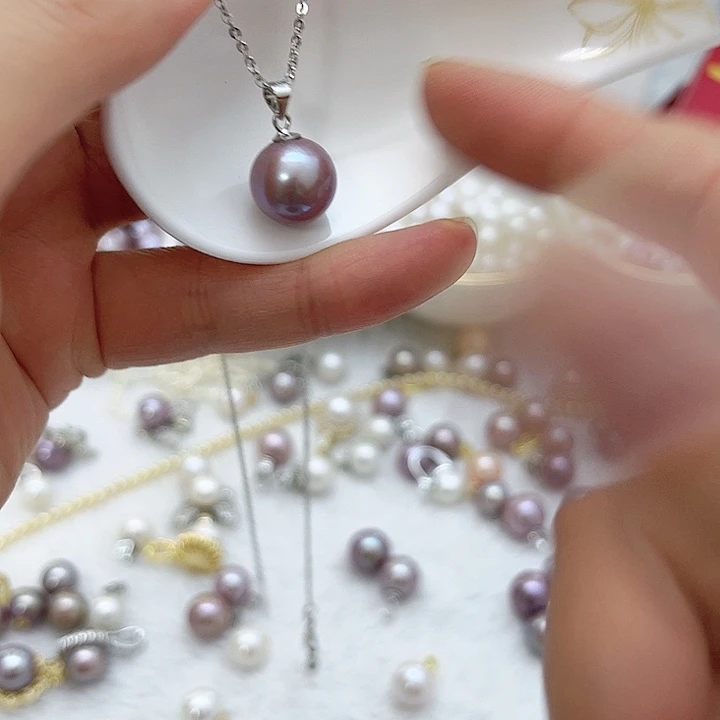 银S925镶嵌淡水珍珠紫珠银色瓜子扣