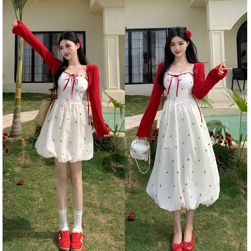 大码【松风茶韵】甜欲风刺绣碎花吊带裙女春夏收腰法式花苞裙子开衫