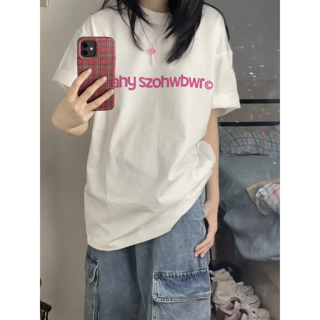 Labzaa美式潮牌简约字母印花短袖纯棉T恤女春款打底内搭休闲上衣