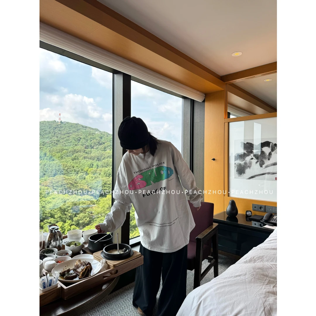 『PEACHZHOU』彩印字母'jennie'宽松圆领长袖美式休闲潮牌感中性T恤