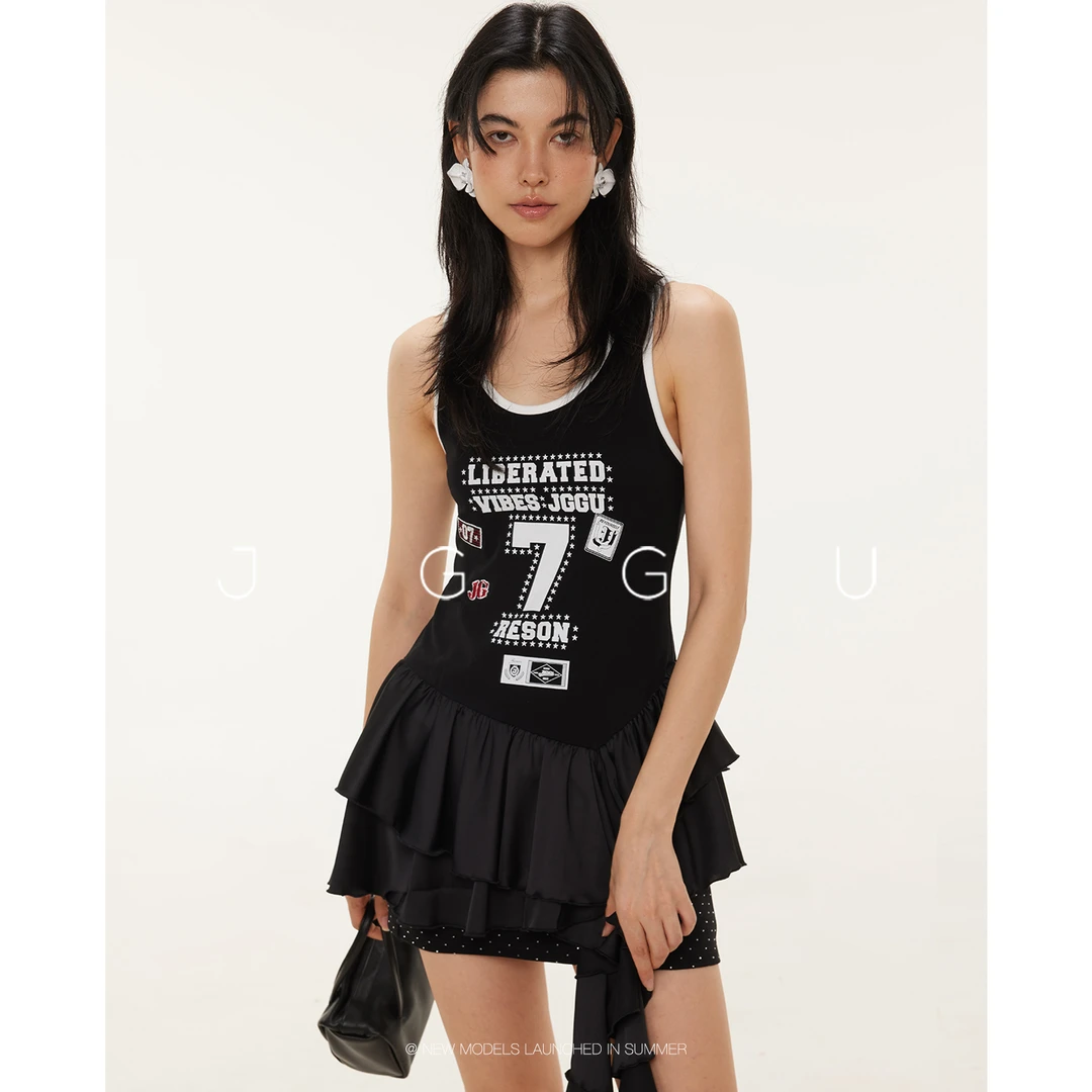 JGGU晶咕黑标【辣妹范本】不规则摆拼接印花刺绣背心JG12250072