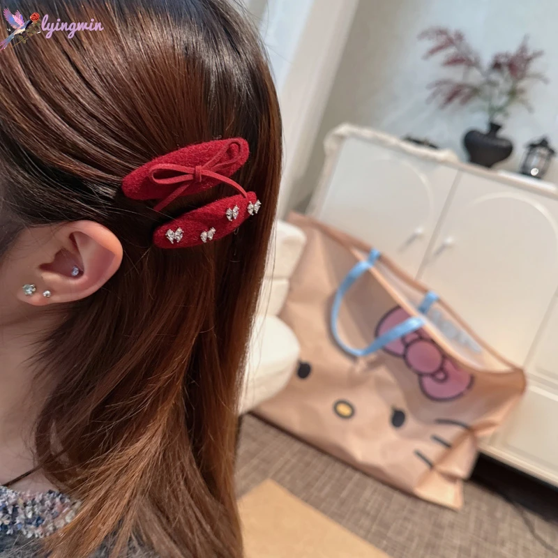 红色水钻蝴蝶结对夹气质鸭嘴夹时尚侧边夹秋冬刘海碎发夹子女发饰