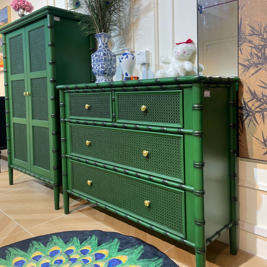 117*39*92中式竹节斗柜入户玄关柜藤编储物装饰柜卧室餐边柜