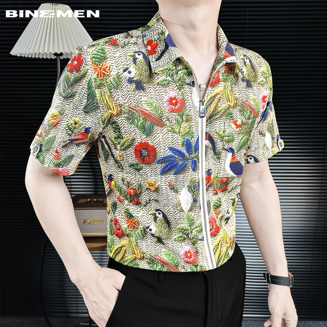 热带雨林风情西装拉链男短袖男款爆款2025新款夏季薄款高级感印花