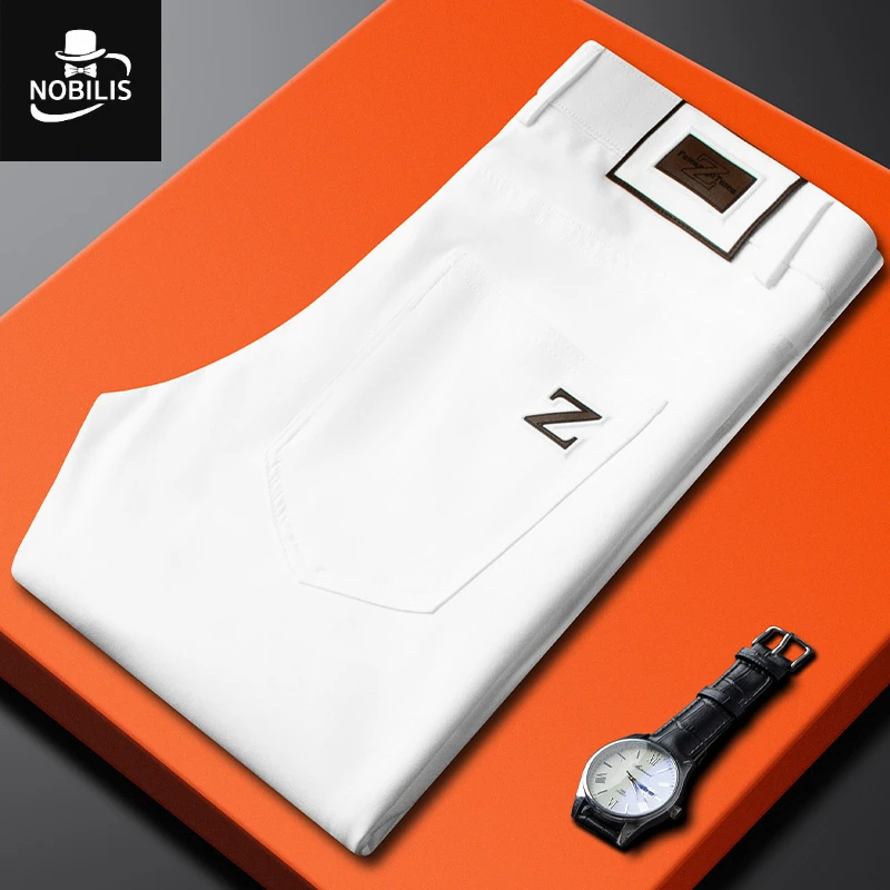 轻奢高档四面弹力冰丝白色休闲裤男修身直筒夏季薄款抗皱商务西裤