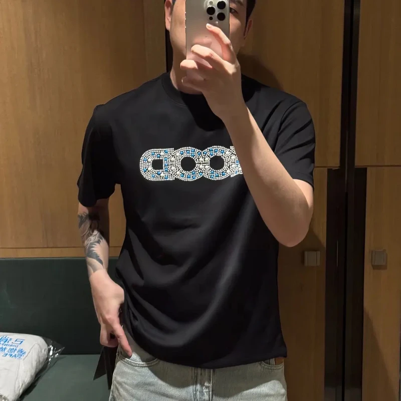 高品质春夏男款短袖薄款百搭潮流字母烫钻轻奢时尚高级感T恤上衣