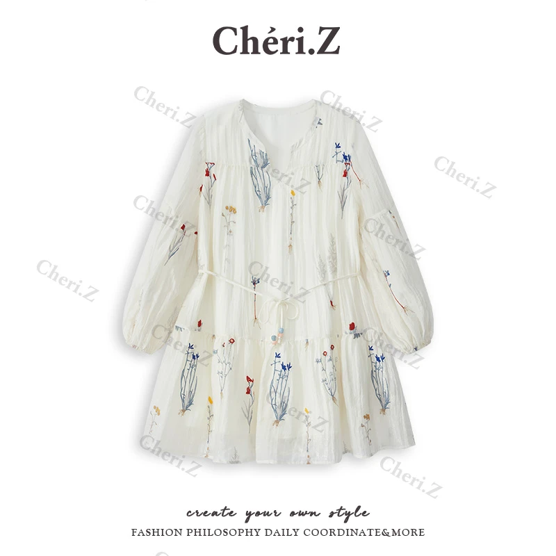 CHERI.Z财阀千金女装天丝泡泡袖A字碎花刺绣连衣裙C25A18205T