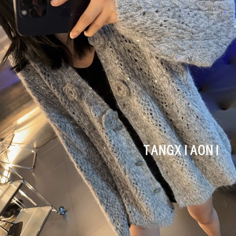 2店 手工花朵 银灰色开衫