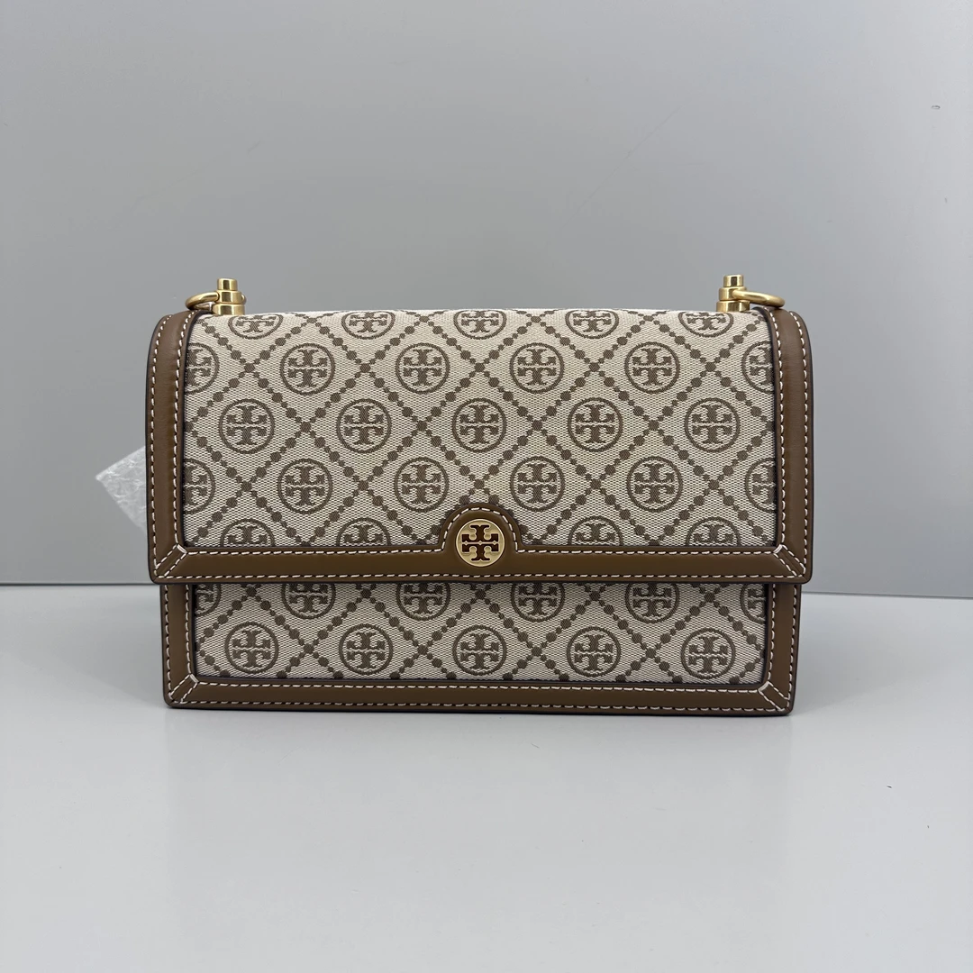 95新 TORY BURCH/汤丽柏琦 大号棕色老花风琴包27x18x8cmSM052903
