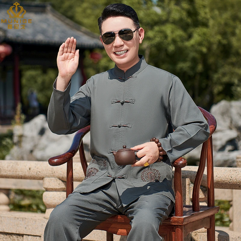 中老年男春秋装长袖套装爸爸新中式国风衬衫2025新款