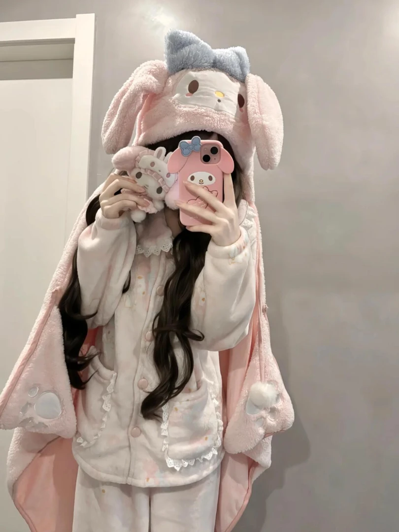 美乐蒂斗篷双层绒可外穿保暖加绒加厚少女心软萌可爱睡衣披肩日系