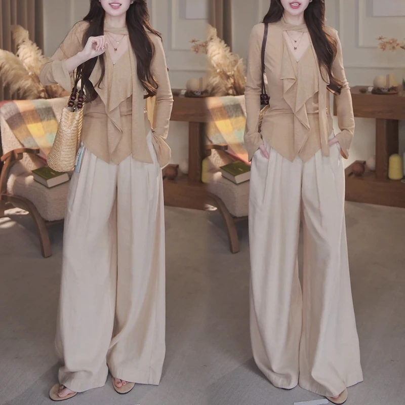 2025早秋新款飘带上衣时尚穿搭一整套针织长袖阔腿裤套装女士爆款