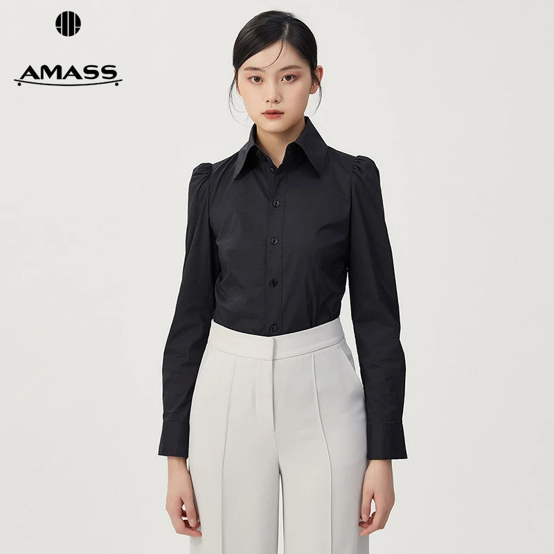 阿玛施AMASS新款女装减龄百搭翻领单排扣纯色收腰长袖衬衫5300851