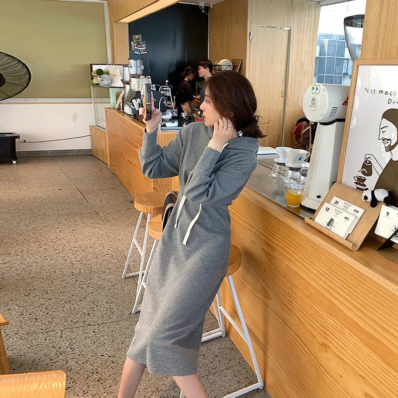 壹壹【假日卫衣裙】长袖连帽卫衣连衣裙宽松中长款 2008D04