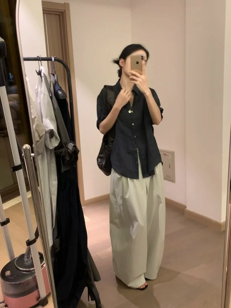 【青山如是】好穿不费力松紧腰纸感阔腿裤