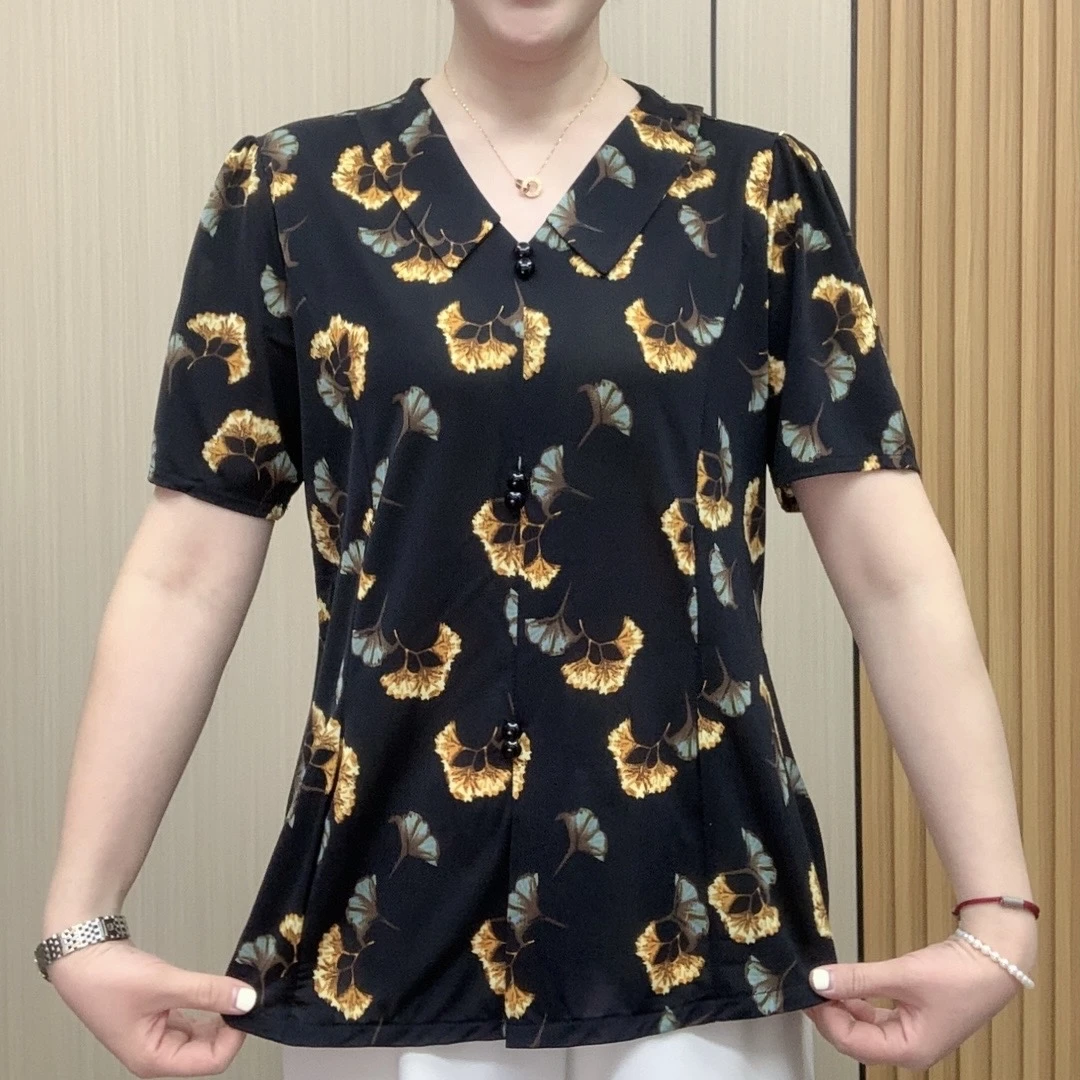 新款时尚中年装花衫短袖翻领气质妈妈装百搭修身显瘦印花小衫