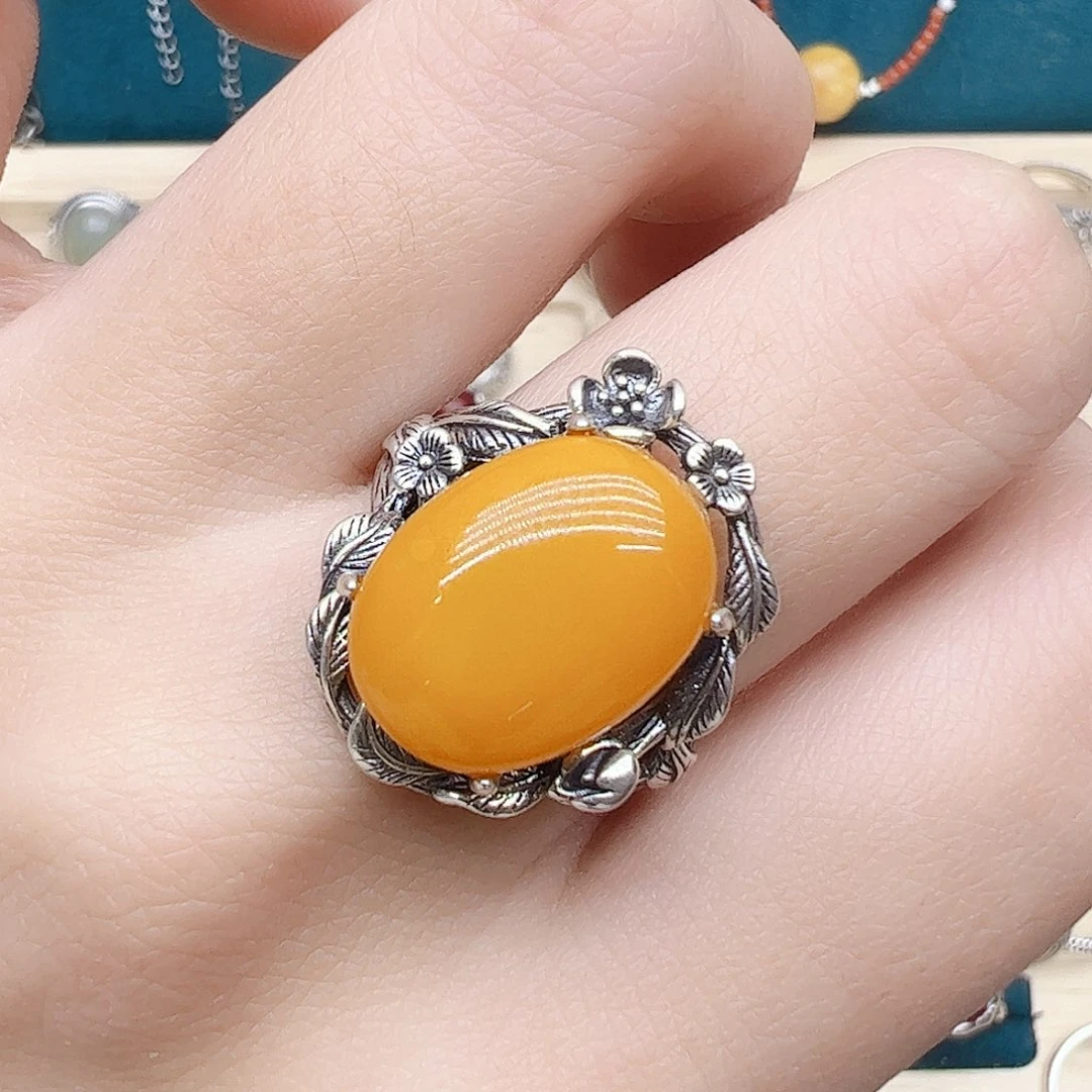 蜜蜡戒指银S925镶嵌天然