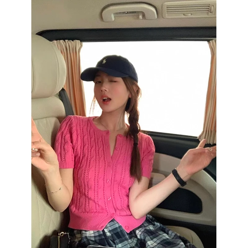 正肩针织短袖夏季辣妹修身短款镂空开衫上衣