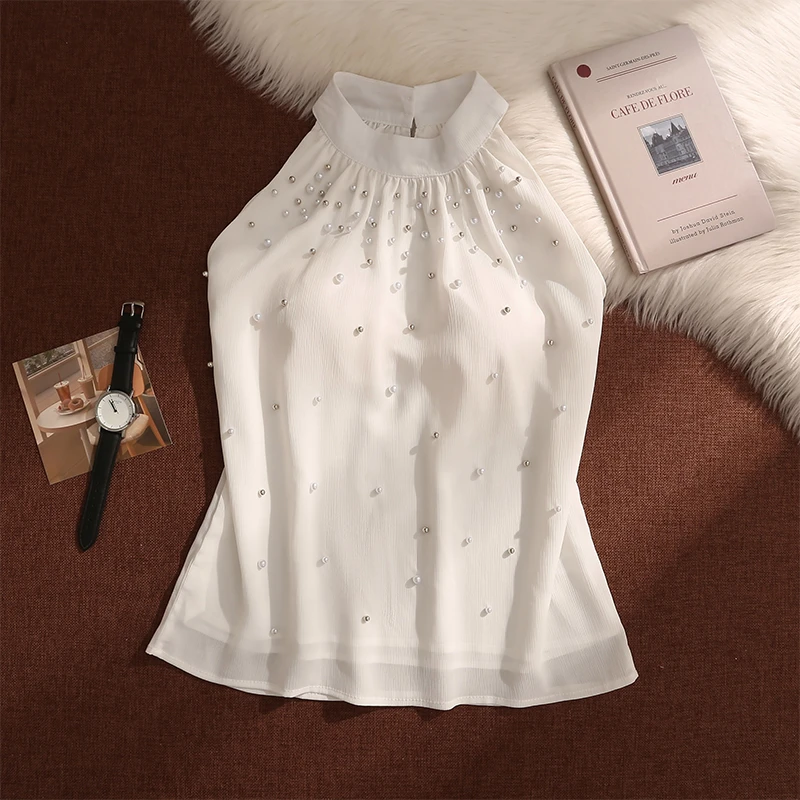 法式钉珠雪纺吊带背心女夏季外穿设计感小众性感宽松露肩无袖上衣