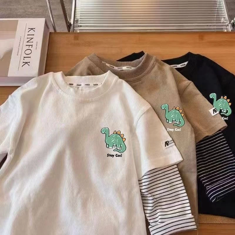 新中式儿童T恤长袖2025春秋新款男童假两件上衣宝宝打底衫100纯棉