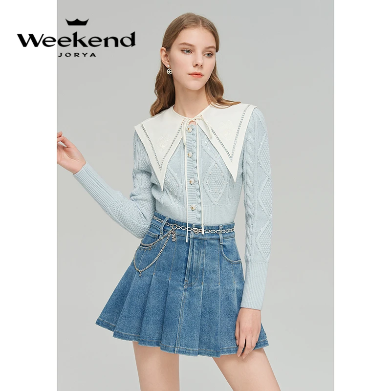 卓雅周末春新款珠饰单排扣海军领麻花针织衫上衣EJWDAM15